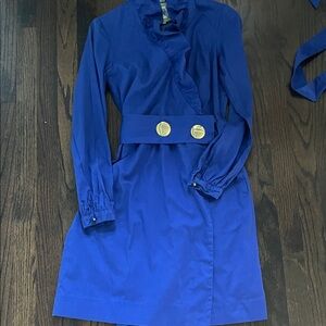 Elizabeth McKay Cobalt Blue Scotland Dress with Gold Button Belt